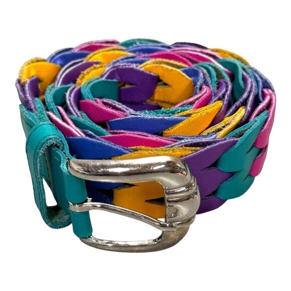 Vintage Rainbow Genuine Leather Braided Belt With Silver Buckle Size Medium Boho - Picture 1 of 6